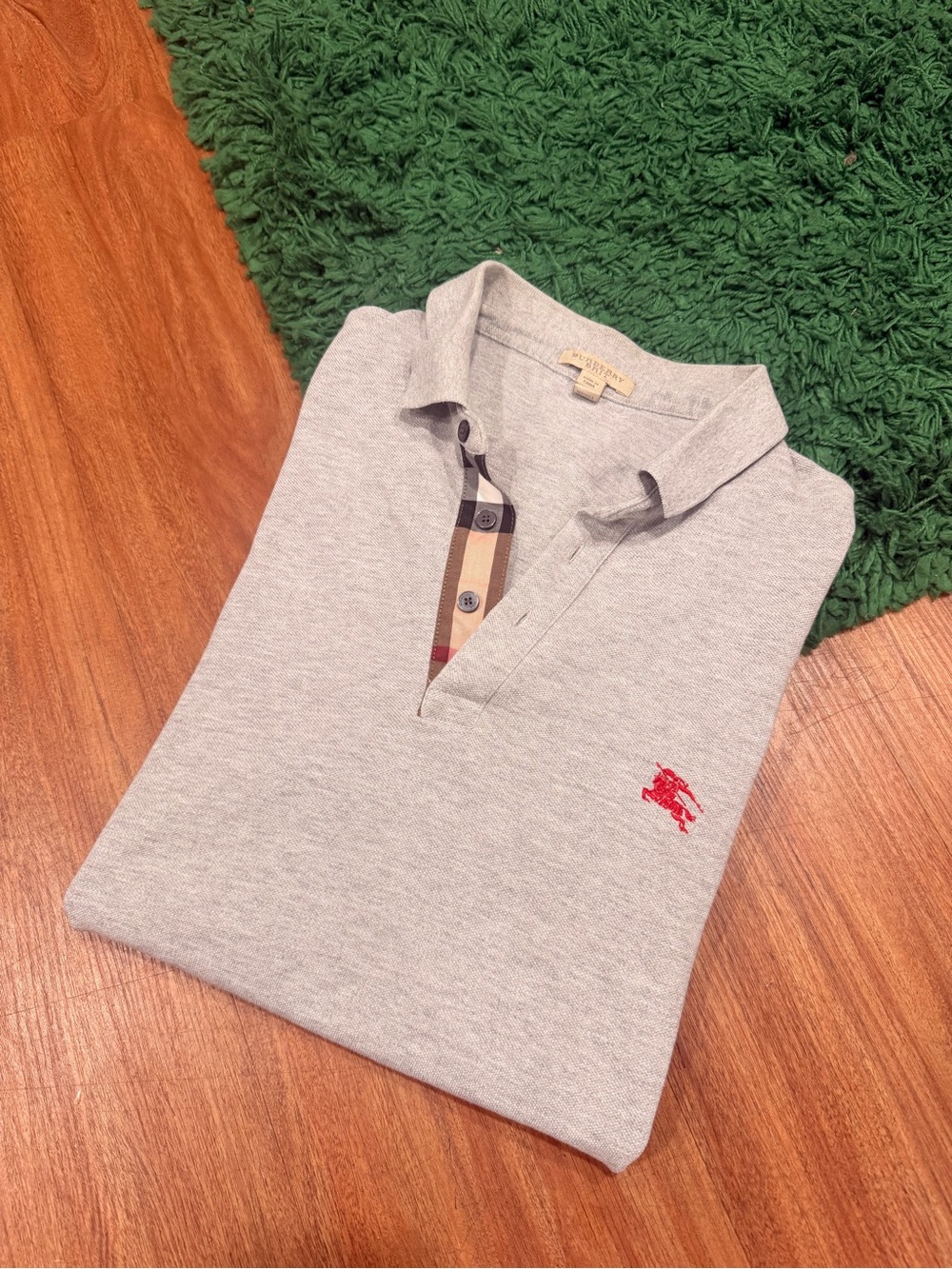 Burberry Light Gray Polo with Red Logo and Classic Check Trim